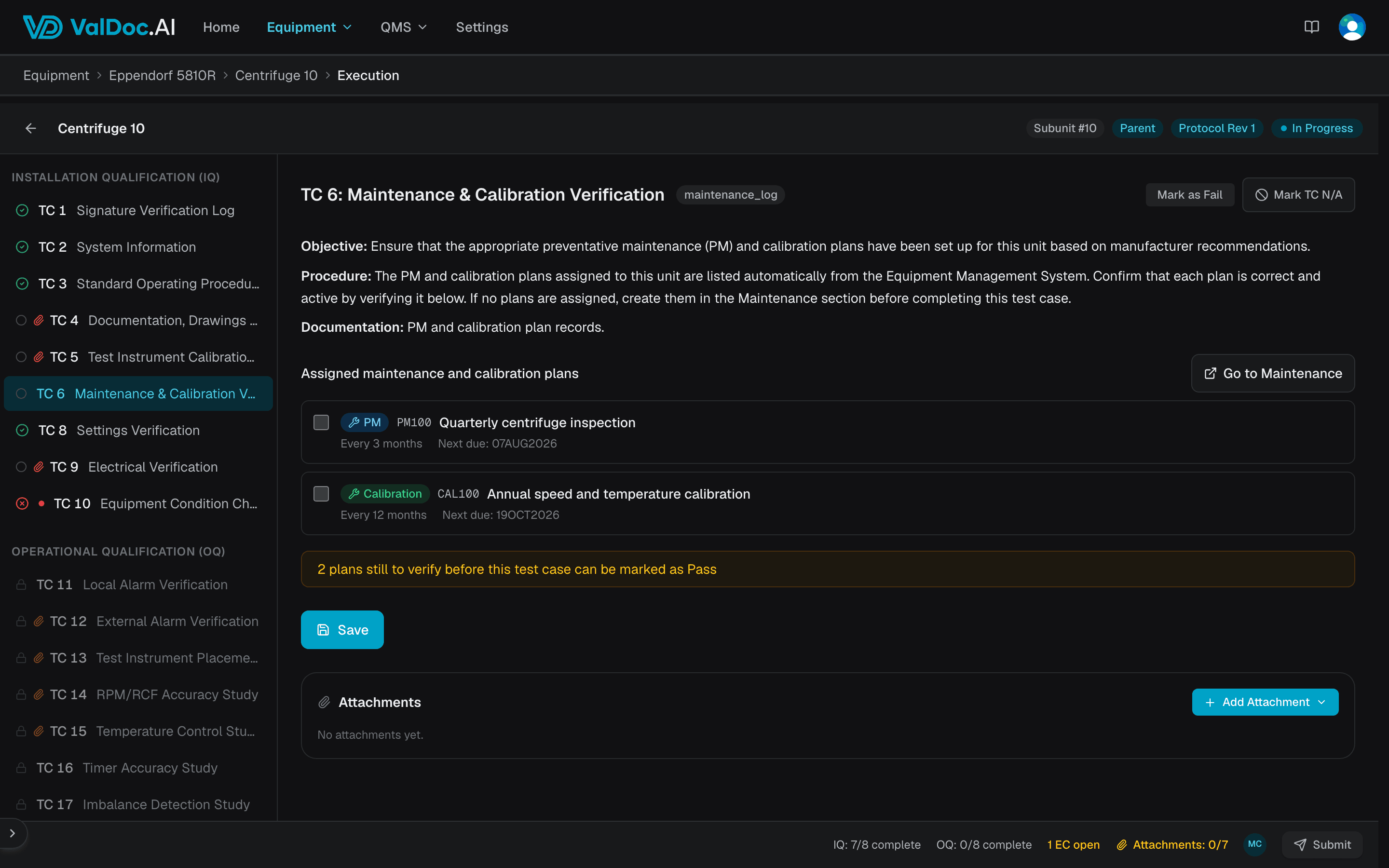 Digital execution workspace showing an IOQ test case mid-execution, with the test case list, its fields, and run progress by subunit