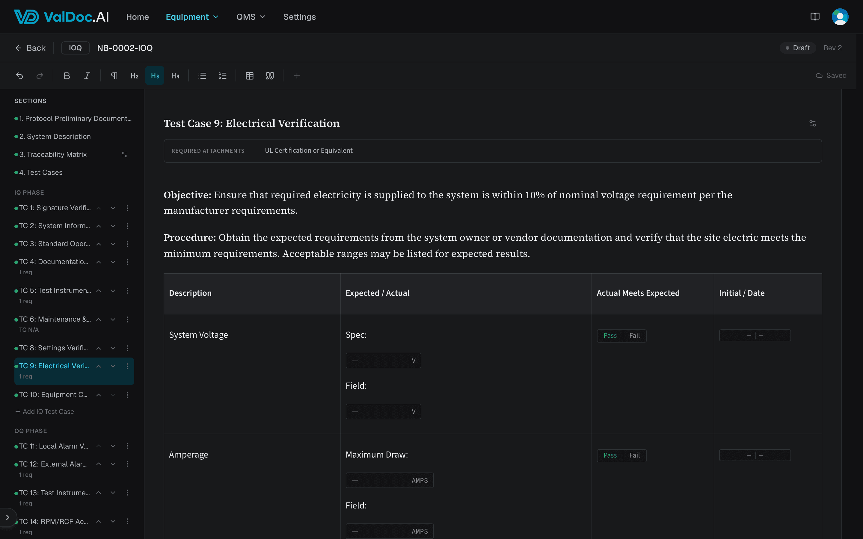 IOQ draft open in the ValDoc document editor, showing the test case manifest and one test case's execution fields