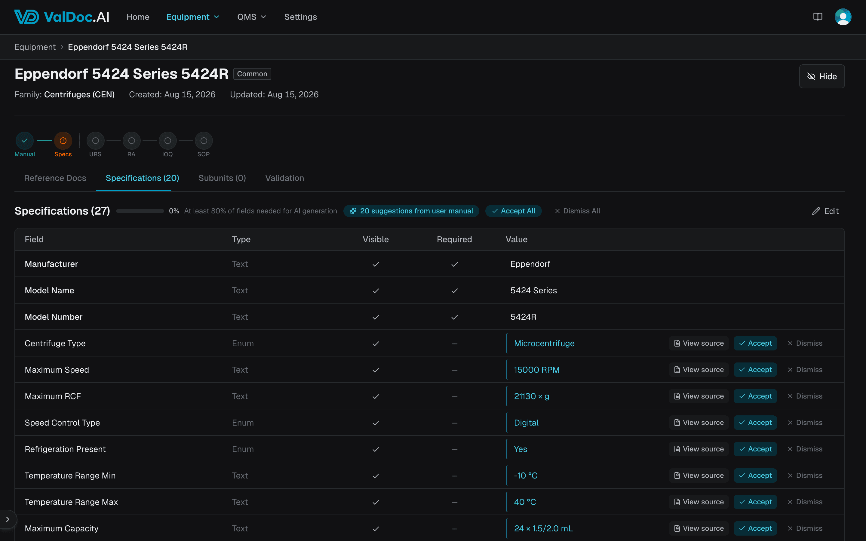 Equipment specifications table with AI-suggested values sourced from the manual, each with a view-source link and accept/dismiss controls