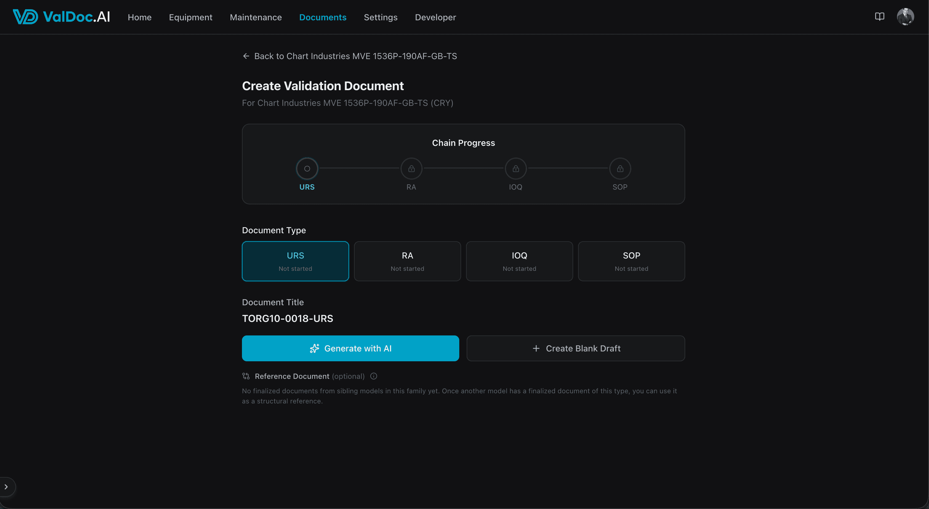 Create Validation Document page with chain progress and document type selection for URS, RA, IOQ, and SOP