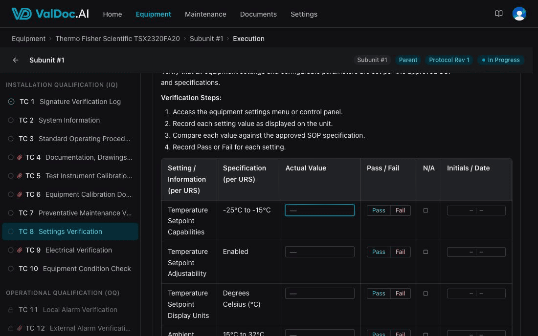 Digital execution workspace showing an IOQ settings-verification test case with pass/fail capture by subunit