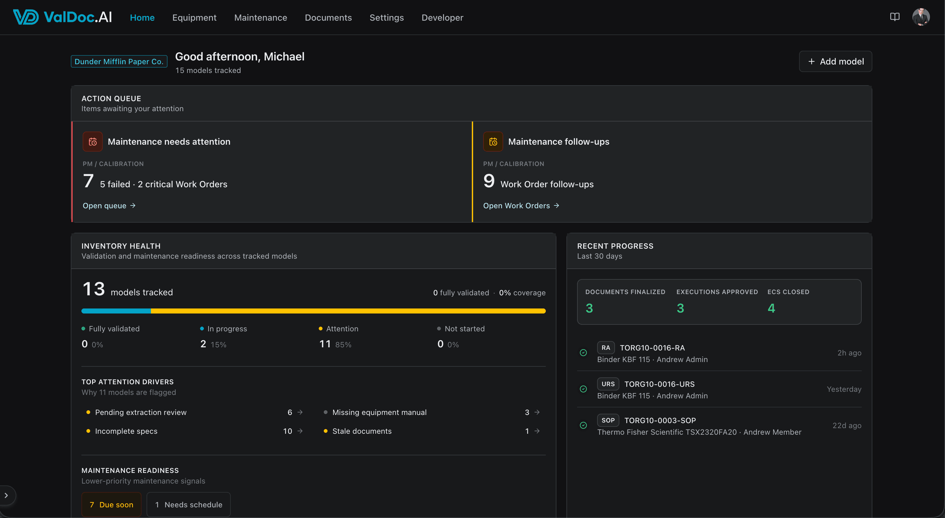 ValDoc oversight dashboard showing the action queue, inventory health, and recent validation progress
