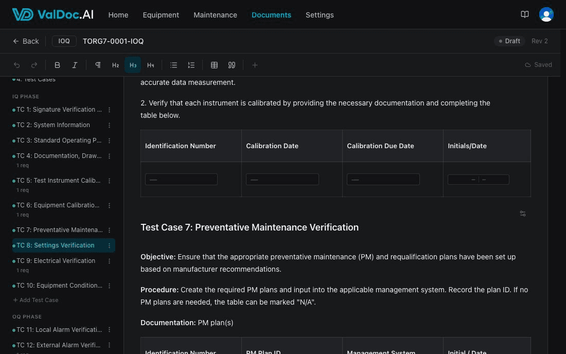 IOQ draft open in the ValDoc document editor, showing generated test cases with calibration tables