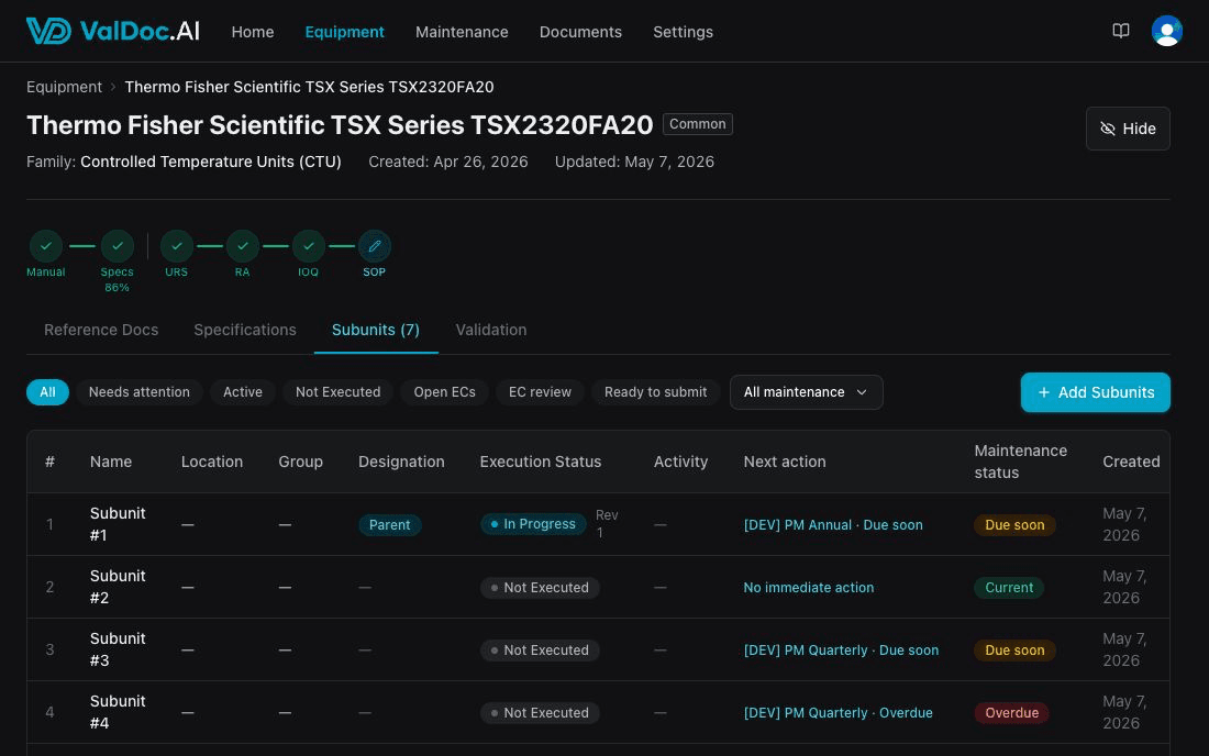 Equipment model detail page with validation chain, specifications, and serialized subunits