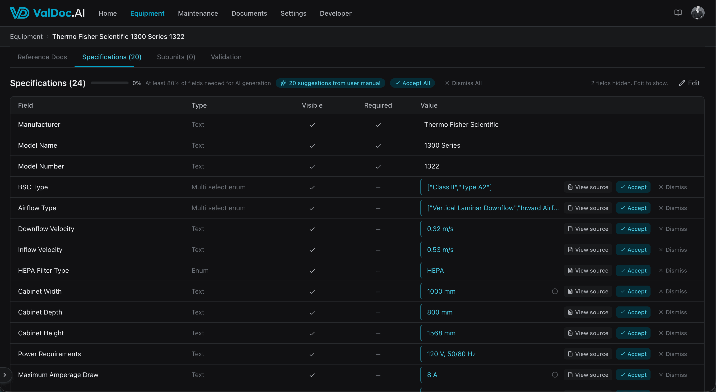 Equipment specifications table with AI-suggested values sourced from the manual, each with a view-source link and accept/dismiss controls